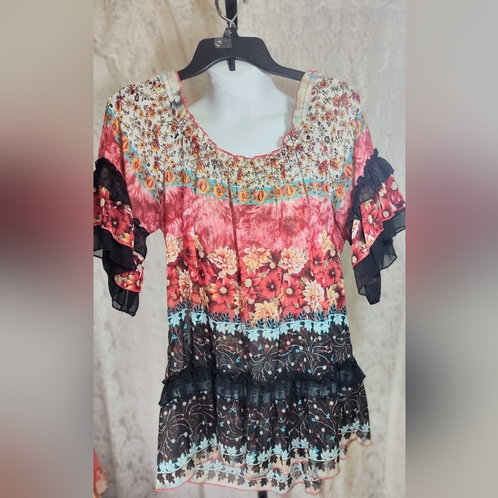 New Directions Floral Ruffle Sleeve Blouse - Red, Black, Blue